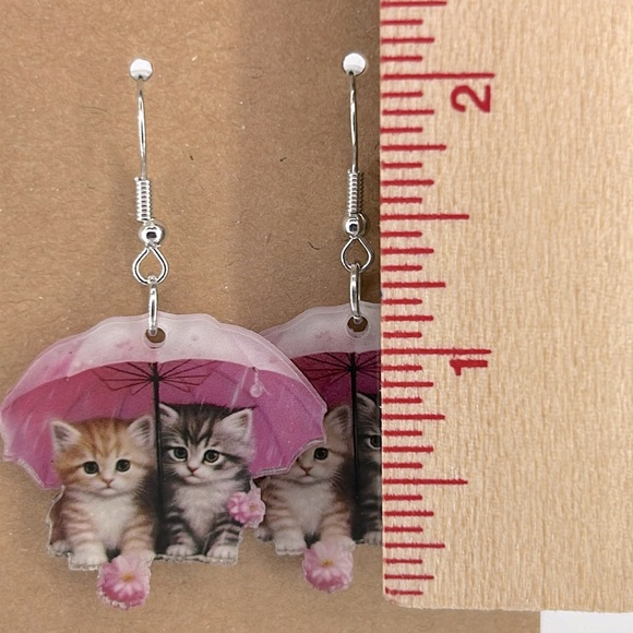 Umbrella Cat Dangle Earrings 2D Acrylic Cartoon - Picture 2 of 2